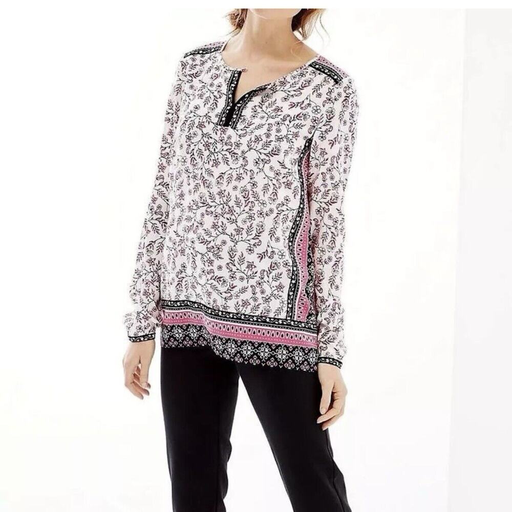 J.Jill Floral Long Sleeve Pink Black White Top LP Petite NWT